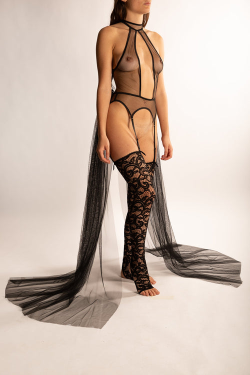 MESH BODYSUIT WITH GARTER BELT & BLACK LACE STOCKINGS